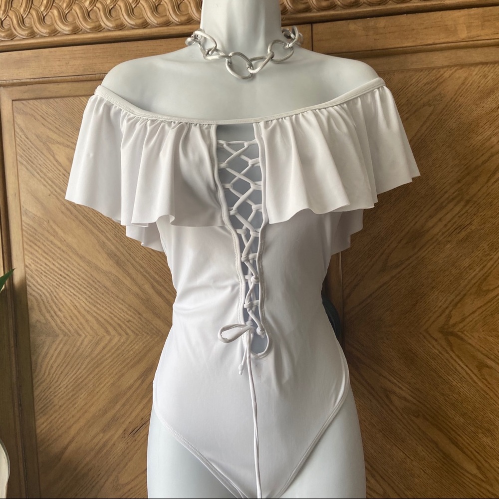 White off the shoulder open front 1pc swimsuit